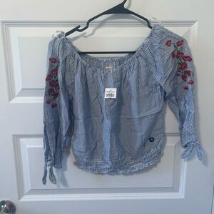 NWT Hollister Blue Striped Off-Shoulder Blouse with Red Floral Embroidery